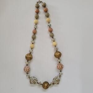 Earth Tone Beaded Statement Necklace with Carved Brown, Cream and Silver Accents